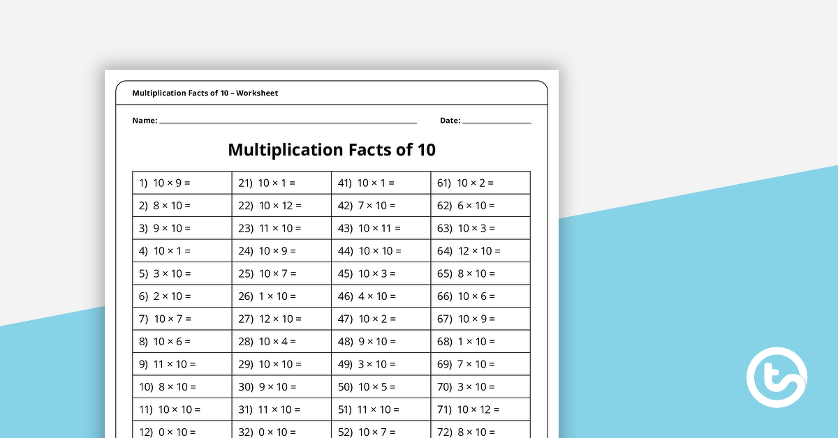 预览图像用于乘法和分区速度训练工作表 - 事实10-教学资源