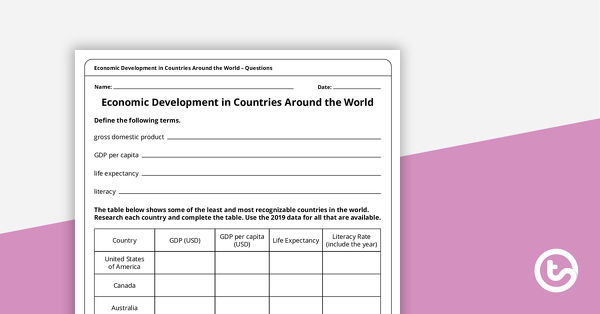 Preview image for Economic Development in Countries Around the World – Worksheet - teaching resource