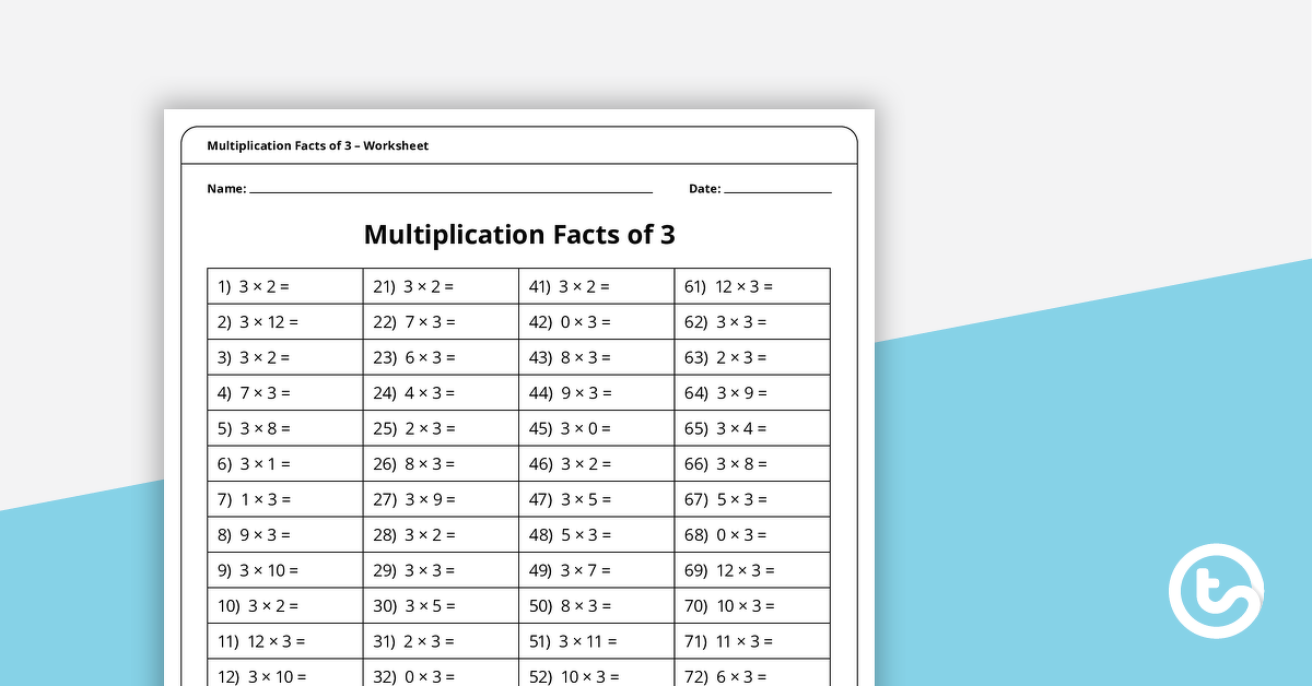 预览图像用于乘法和分区速度训练工作表 -  3的事实 - 教学资源