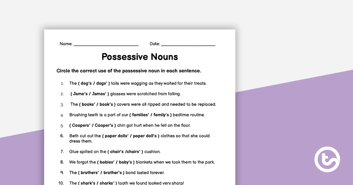 possessive nouns worksheet teach starter