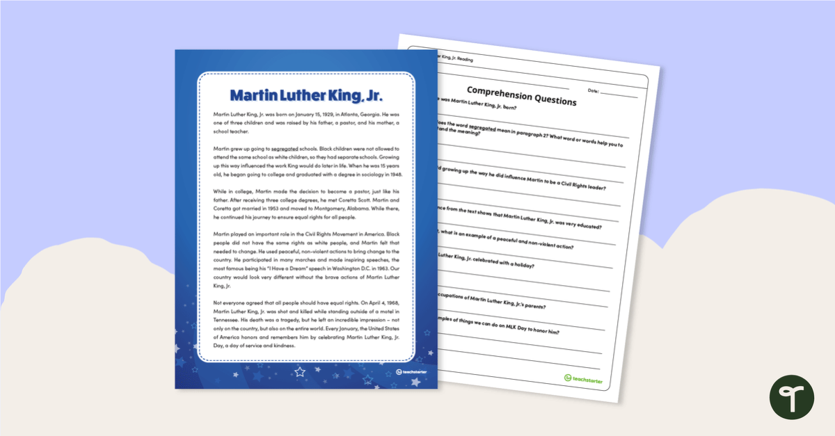 小马丁·路德·金（Martin Luther King）的预览图像 - 理解任务 - 教学资源