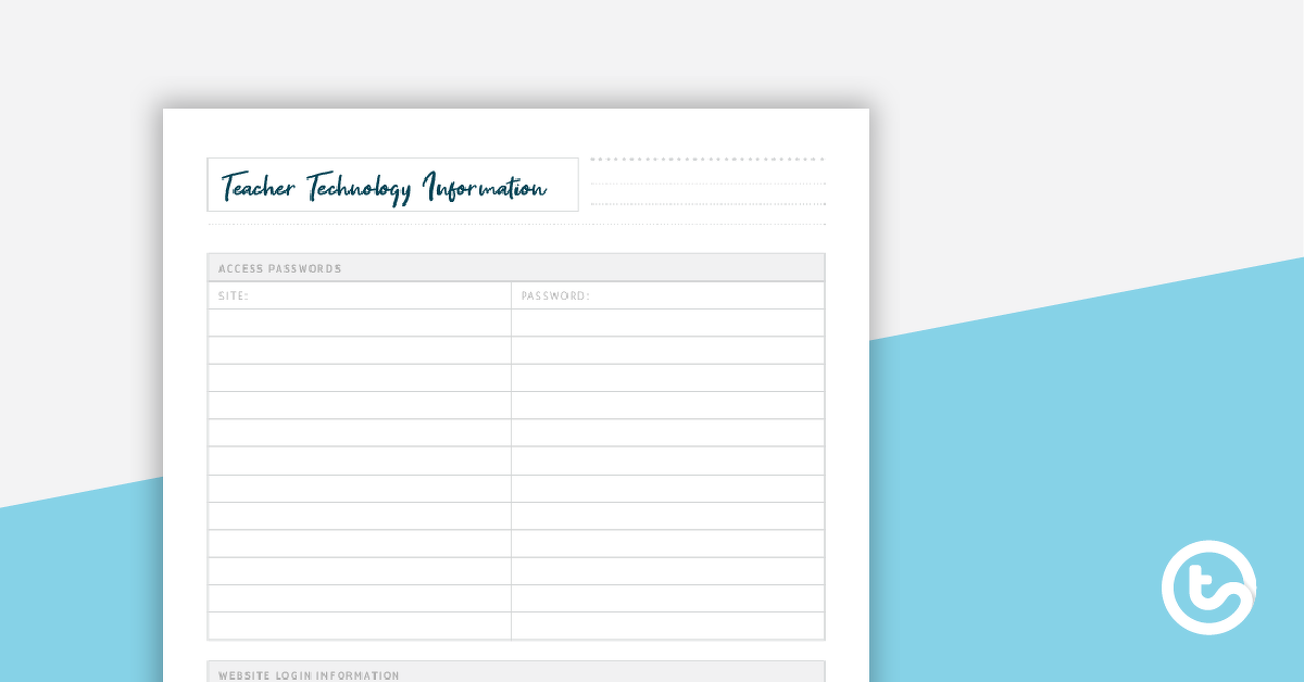 Preview image for Inspire Printable Teacher Planner – Technology Passwords Page (Teacher) - teaching resource