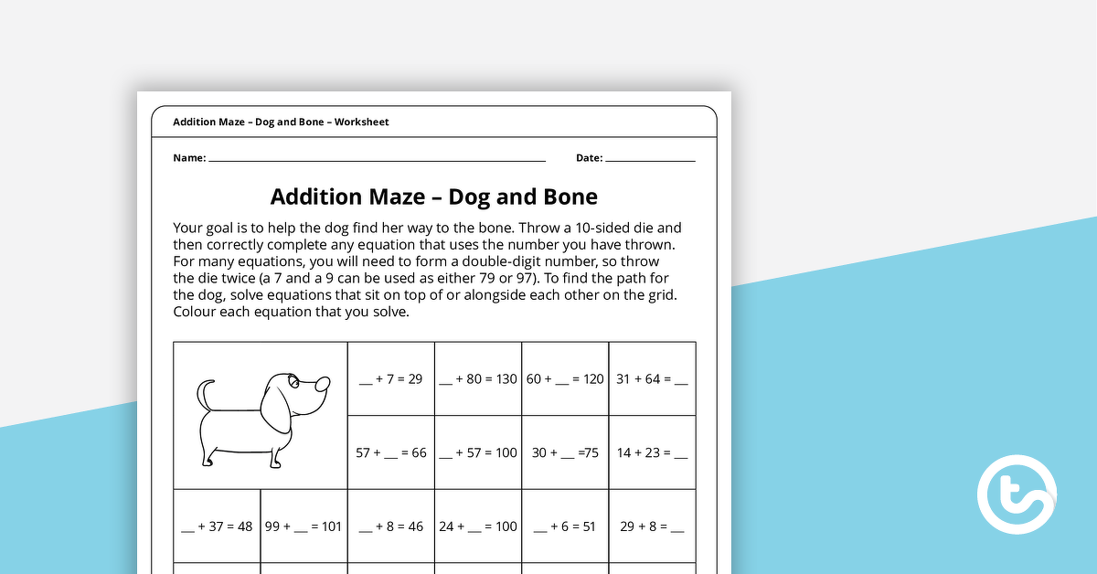 Preview image for Addition Maze – Dog and Bone Worksheet - teaching resource