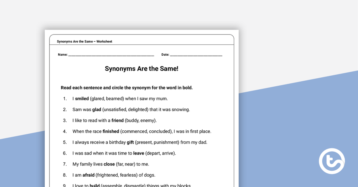 Preview image for Synonyms Are the Same! – Worksheet - teaching resource