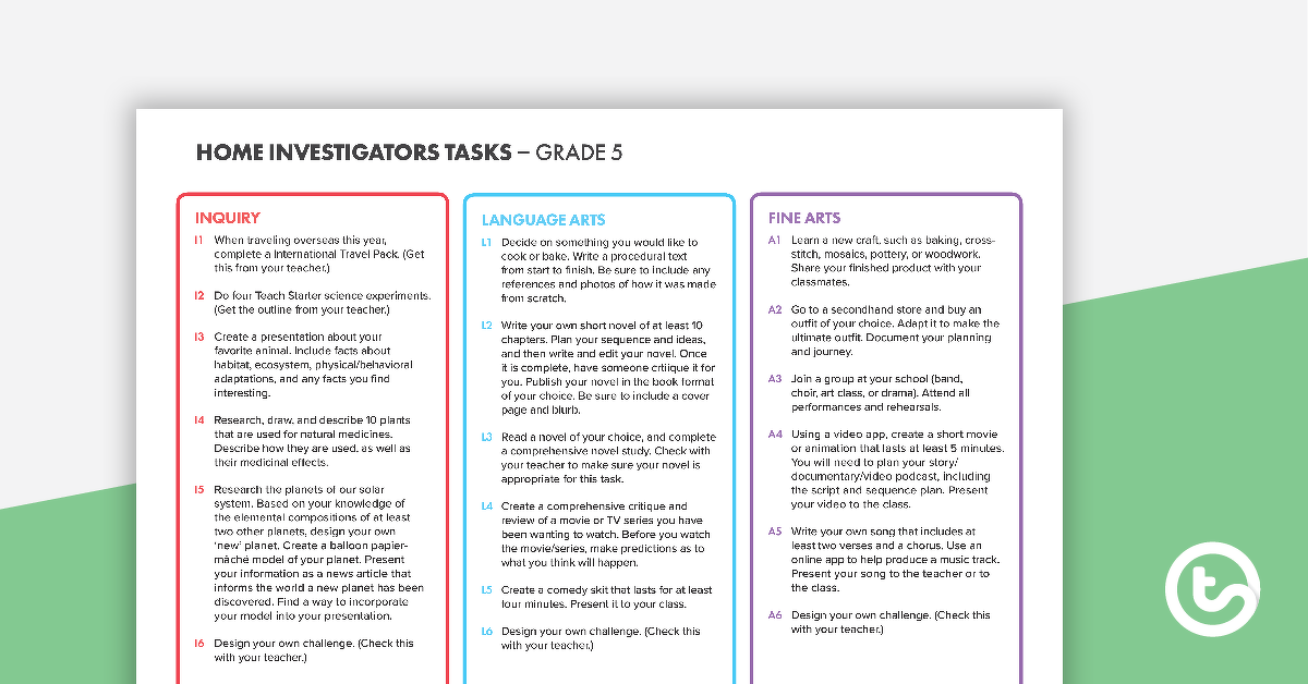 Preview image for Home Investigators Inquiry Tasks - Grade 5 - teaching resource