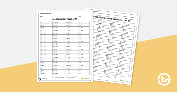 乘法和分区工作表的预览图像 -  11教学资源的事实