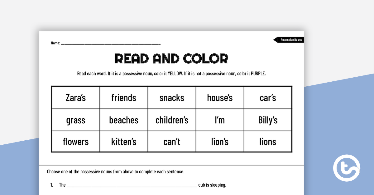 read and color worksheet possessive nouns teach starter