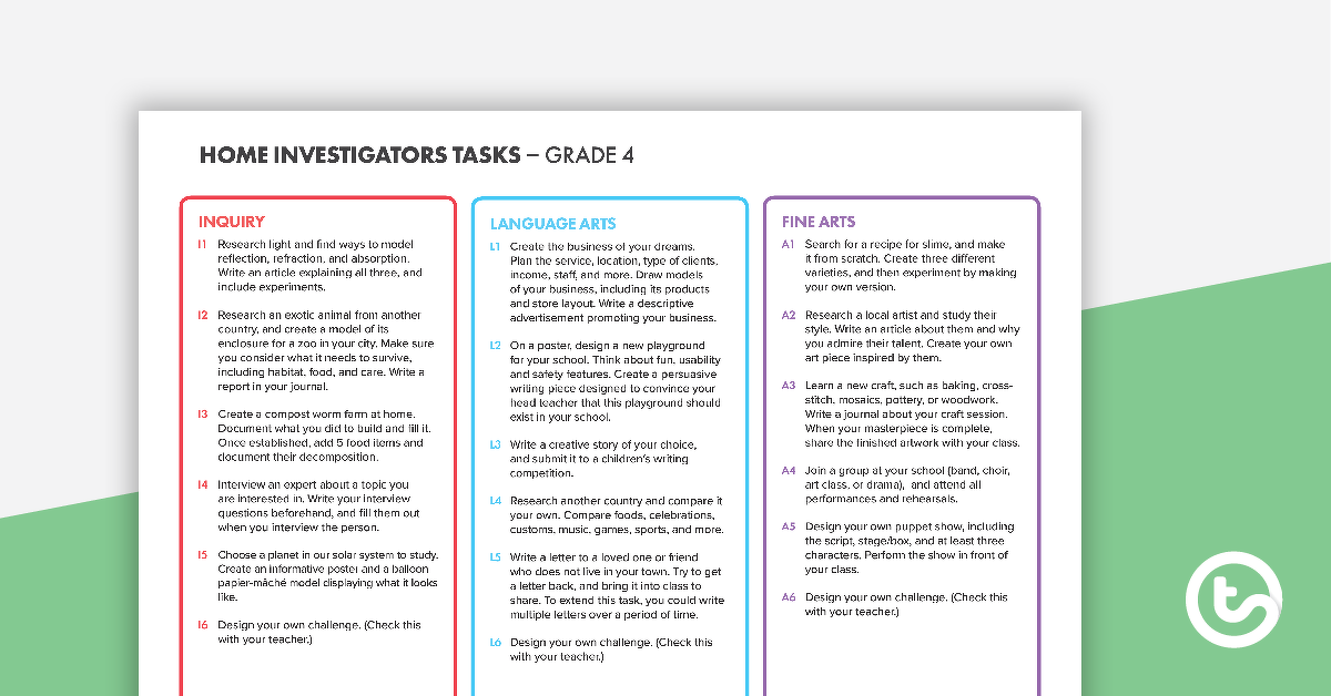 Preview image for Home Investigators Inquiry Tasks - Grade 4 - teaching resource