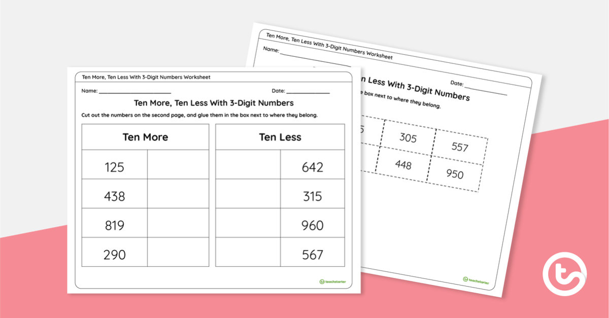 Preview image for Ten More, Ten Less Within 999 - Cut and Paste Worksheet - teaching resource