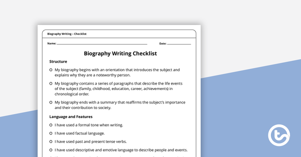 Preview image for Biography Writing Checklist – Structure, Language, and Features - teaching resource
